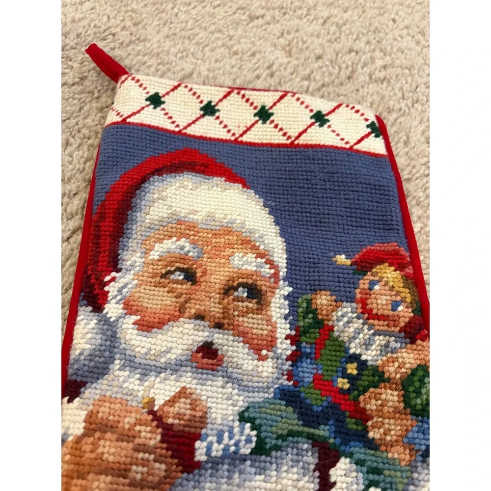Vintage Santa Claus Christmas Stocking Needlepoint Gift Bag Soft‎ Red Backing